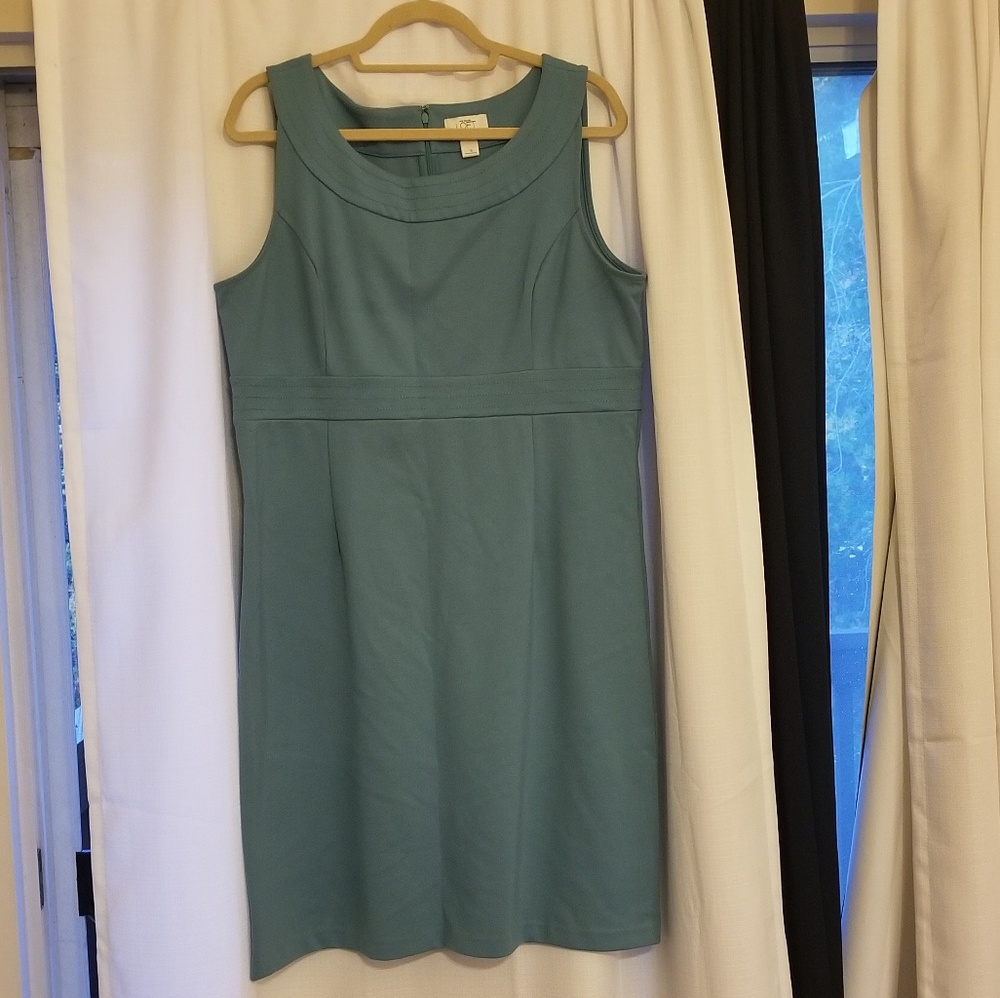 Soft teal, sleeveless, sheath dress